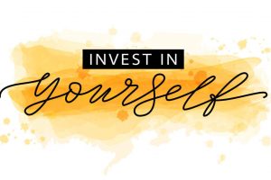 Invest in yourself. Motivation Quote Modern calligraphy text invest in your self. Design print for t shirt, tee, card, type poster banner. Vector illustration Yellow gold color